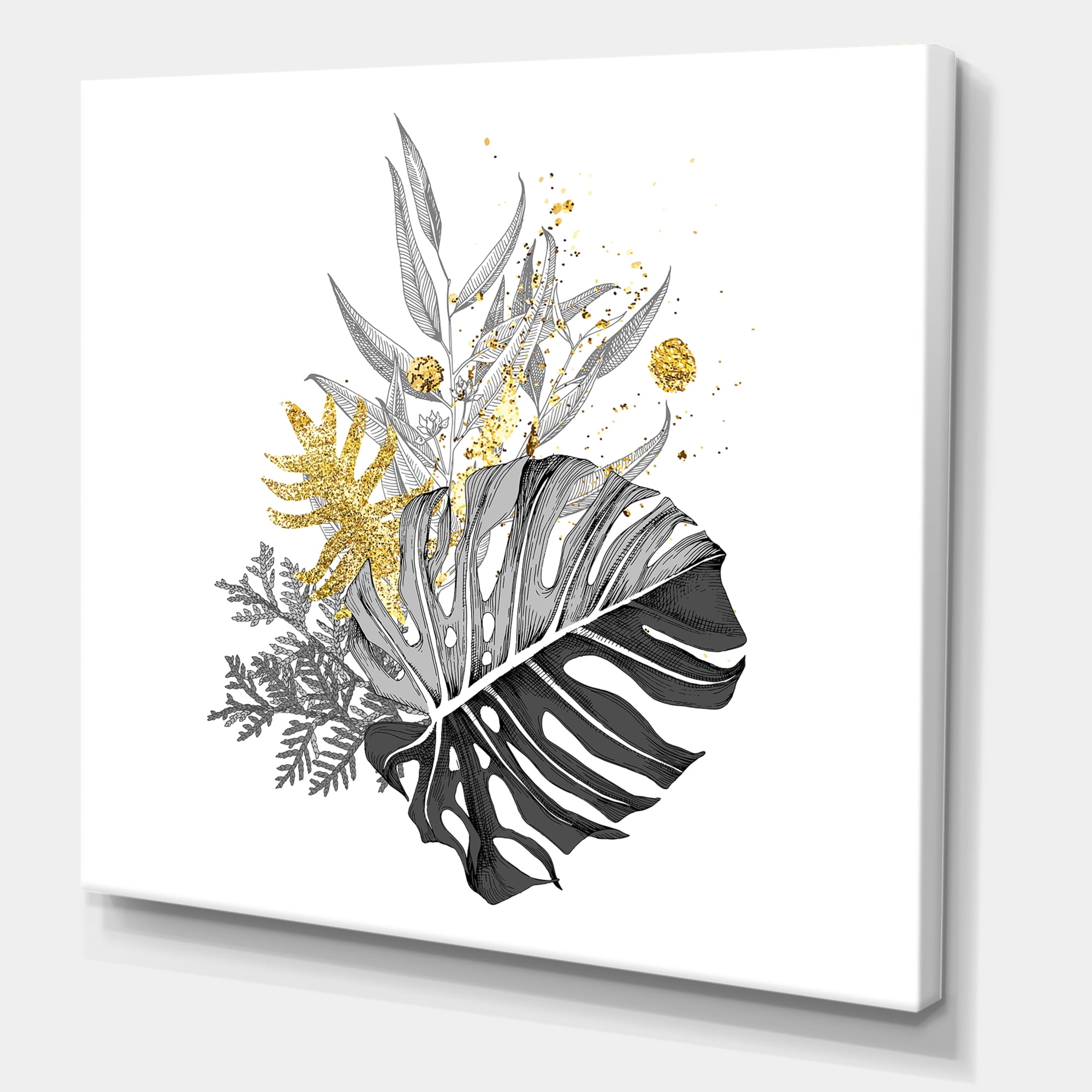 Designart ' Bouquet With Golden Tropical Leaves and Monochrome ' Tropical Canvas Wall Art Print