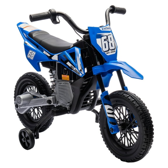 Qaba Kids Dirt Bike with Twist Grip Throttle, 12V Electric Motorcycle, Electric Bike for Toddler with Training Wheels, Rear Suspension & Music, Blue