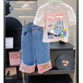 thumbnail image 1 of Conjunto de camiseta y pantalones vaqueros con estampado de dibujos animados, novedad de verano, ropa para niños, pantalones superiores para niña, traje de barbilla continental, 1 of 5