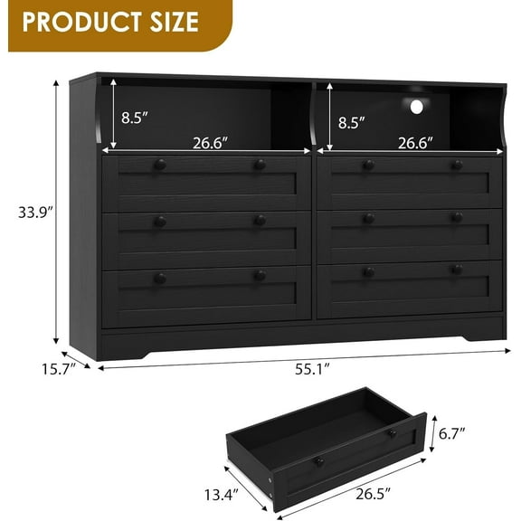 Quality Products Elegant Rustic Black 6-Drawer Dresser with LED Strip Lighting & Charging Outlet Ideal Storage Solution for Any Room