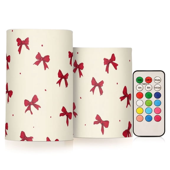 Seamless Red Bows Flickering Flameless Candles LED Tealight Battery Operated with Remote Set of 2 Holiday Decor Ornaments