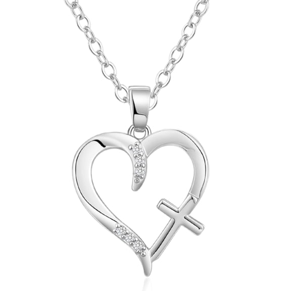 GOSFRY Heart Cross Necklaces For Women 14K Real Silver Plated Dainty Charm Love Heart Cross Pendant Necklace For Women