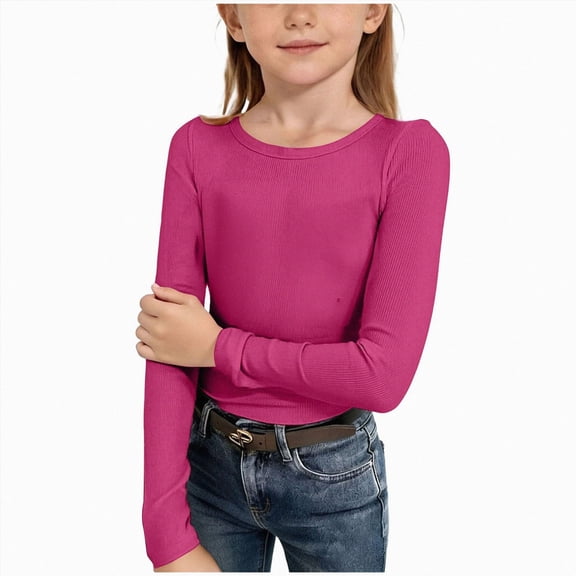 KPOPLK Girls Long Sleeve Tees Girls' Soft T-Shirts Kids Basic Crewneck T-Shirts Top for Teen Youth Girls 4-14Y Size 5-6 Years,Hot Pink