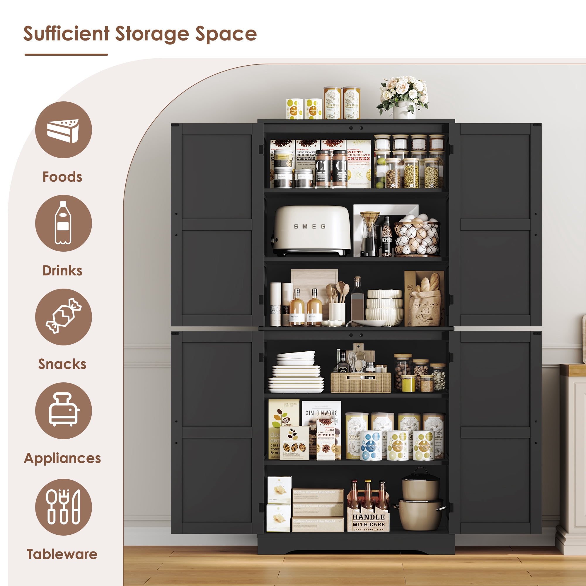 Homfa 71'' Kitchen Pantry Cabinet with 4 Doors, Modern Black Storage Cabinet for Dining Room Living Room