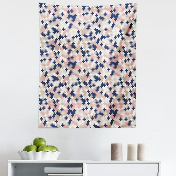 Blush Pink Tapestry, Abstract Contemporary Art Pattern of Mosaic Themed Illustration, Fabric Wall Hanging Decor for Bedroom Living Room Dorm, 5 Sizes, Blush Tan and Dark Blue, by Ambesonne