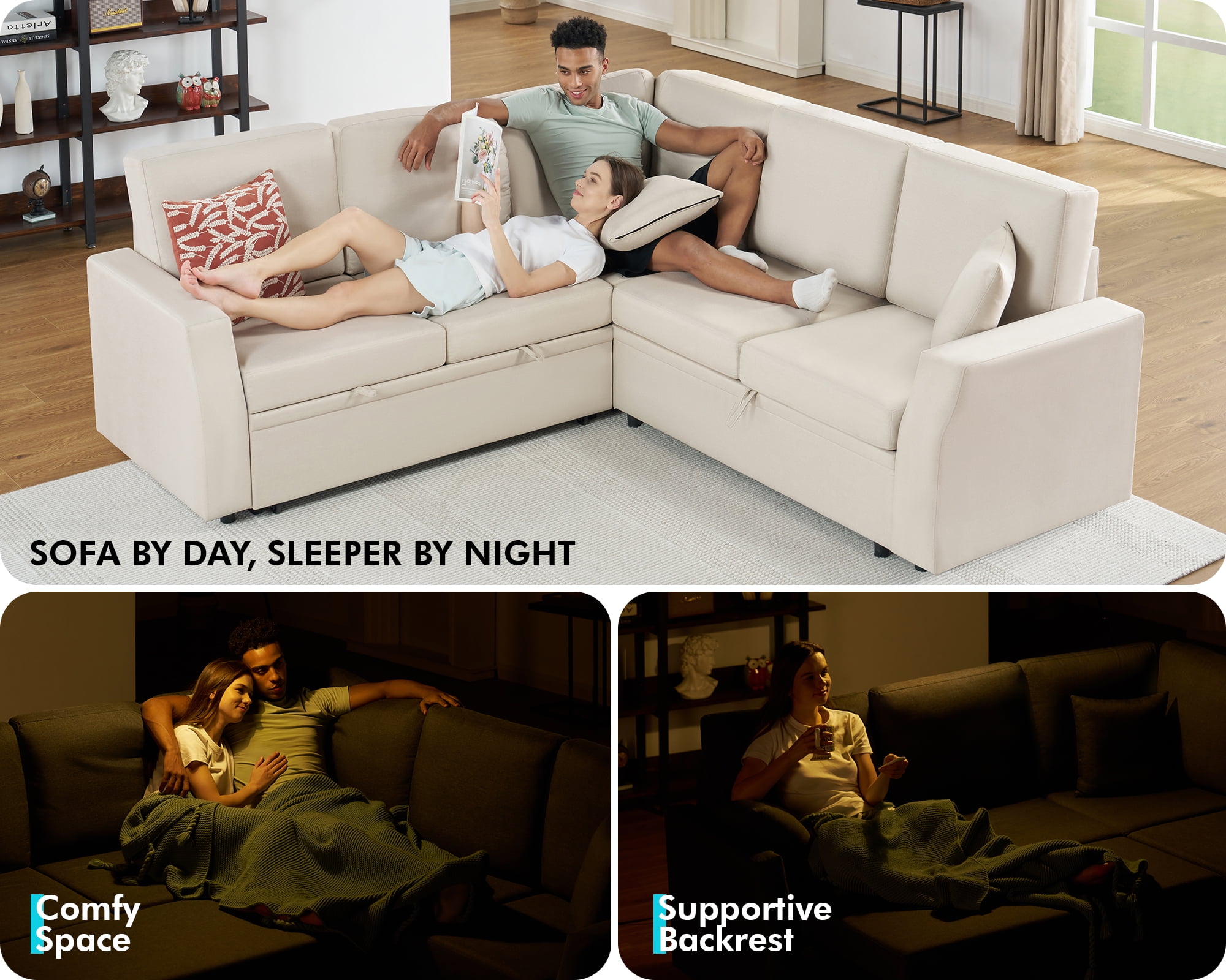 VanAcc 85" Sleeper Sofa Bed, Reversible L-Shape Sectional with Storage