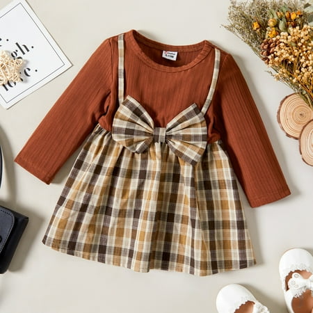 

PatPat Little Girls Bowtie Strappy Dress with Headband Toddler Baby Girls Long Sleeve Ribbed Splicing Plaid Faux-two Cute Suspender Dress Set 0-3T