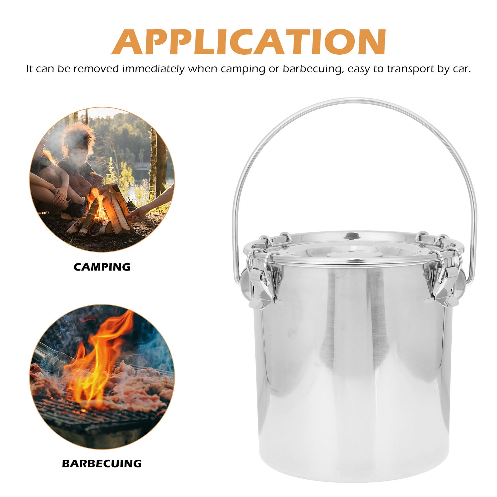 HONMEET Portable Airtight Stainless Steel Bucket  Round Silver Fire Extinguishing for Camping Kitchen