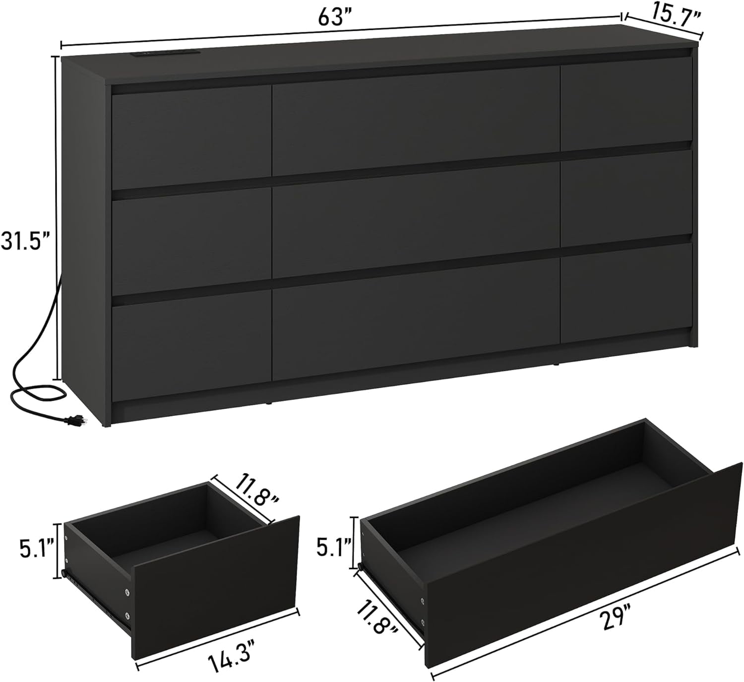 ChVans Black 9 Drawers Dresser with Charging Station, 63" Long Modern Dresser with 9 Drawers for Bedroom, Large Wood Chest of Drawers Handle Free, Dresser for Bedroom, Living Room, Hallway
