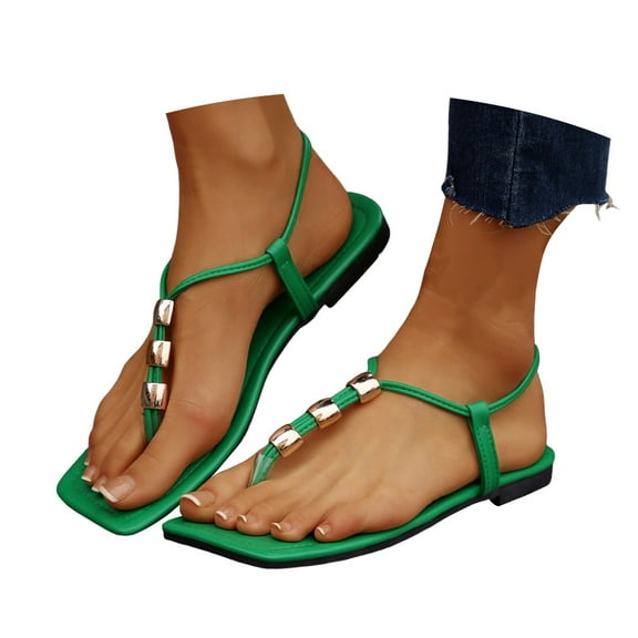 Mepaouo Thong Sandals for Women Square Toe Beach Flip Flops Ankle Strap Slip on Flat Walking Shoes