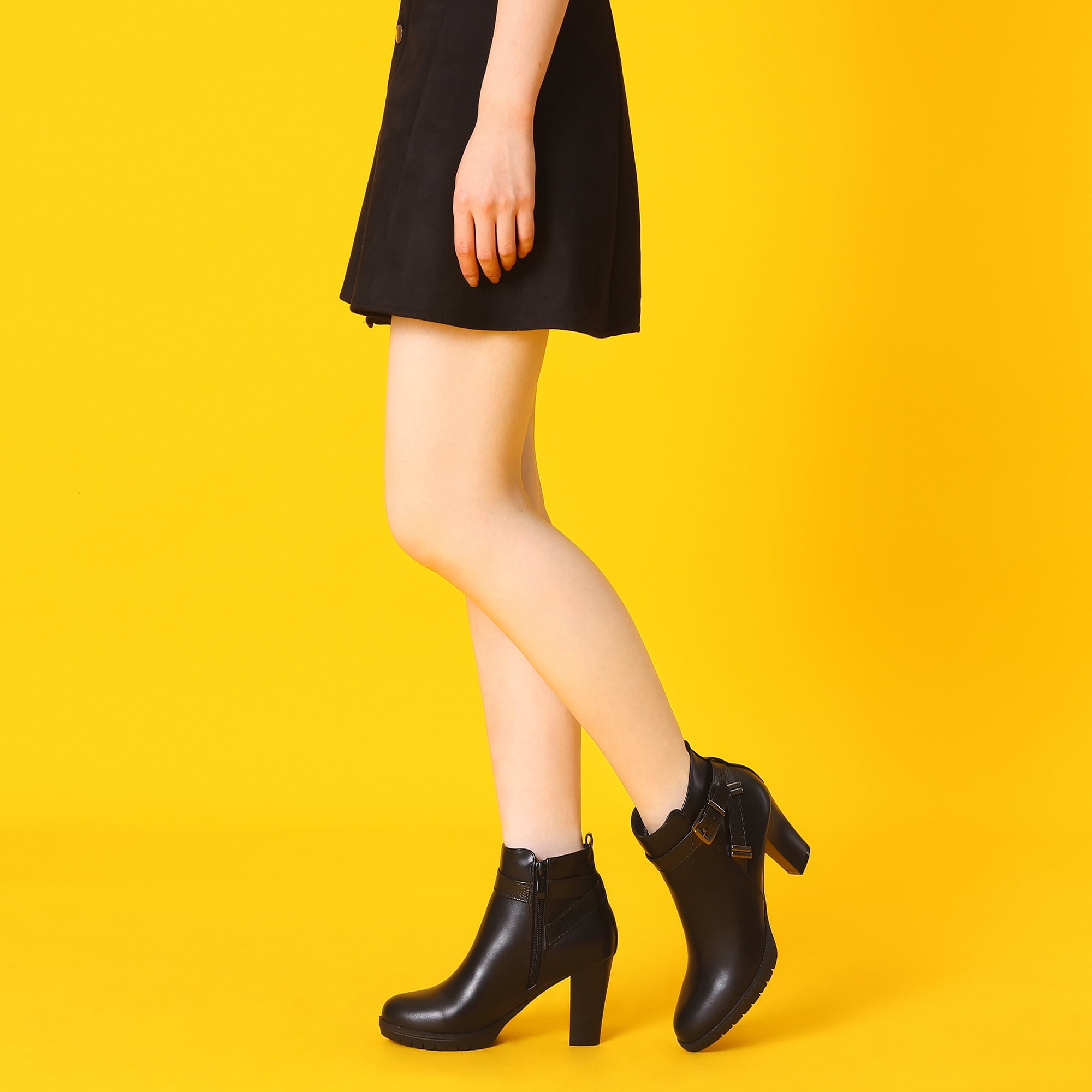 Unique Bargains Platform Block Heel Boots Buckle Ankle Boots for Women Black 9