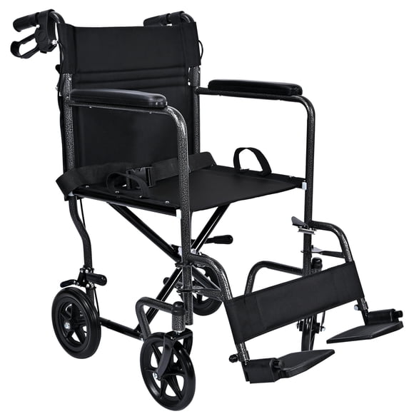 Foldable Transport Wheelchair with Dual Hand Brakes ,19" Wide Seat Lightweight WheelChair with 8" Rear Wheels, Support up to 220 lbs