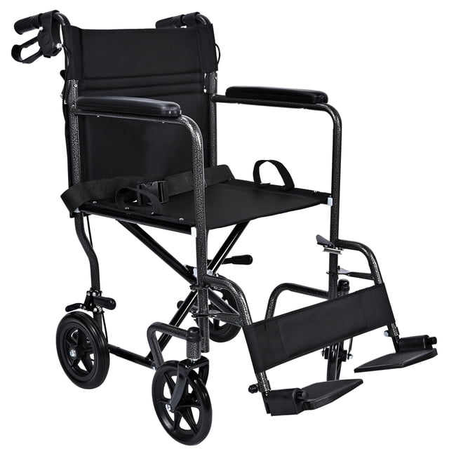 Fauteuil Roulant de Transport Pliable avec Freins à Main Doubles, Fauteuil Roulant Léger à Siège Grand de 19 Pouces avec Roues Arrière de 8 Pouces, Supporte jusqu'à 220 Lb