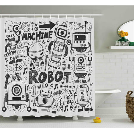 Robot Shower Curtain, Futuristic Space Doodle Style Androids Sci Fi Pattern Fantasy Machine Art Print, Fabric Bathroom Set with Hooks, Grey Pale Grey, by