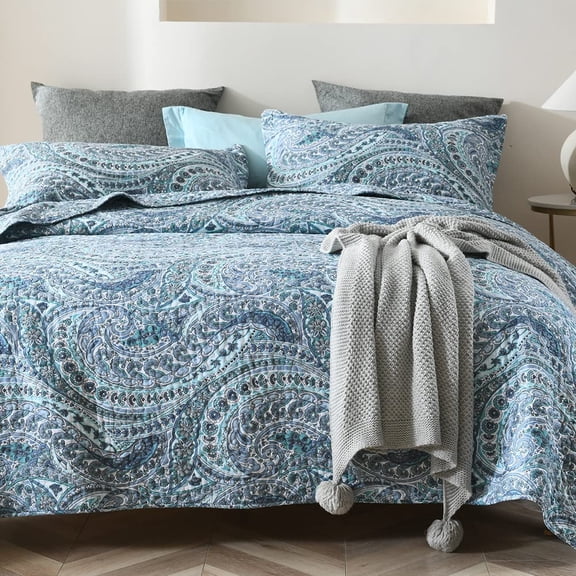 Cotton Bedspread Quilt Set Reversible Floral Paisley Coverlet Blue