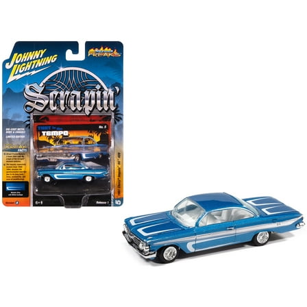 1961 Chevrolet Impala SS 409 Blue Metallic with White Stripes and Interior 1/64 Diecast Model Cars by Johnny Lightning