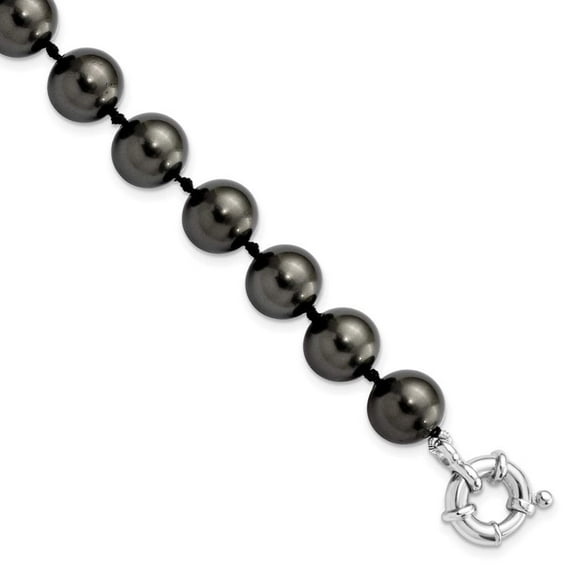 Sterling Silver 10-11mm Black Shell Bead Hand Knotted Bracelet