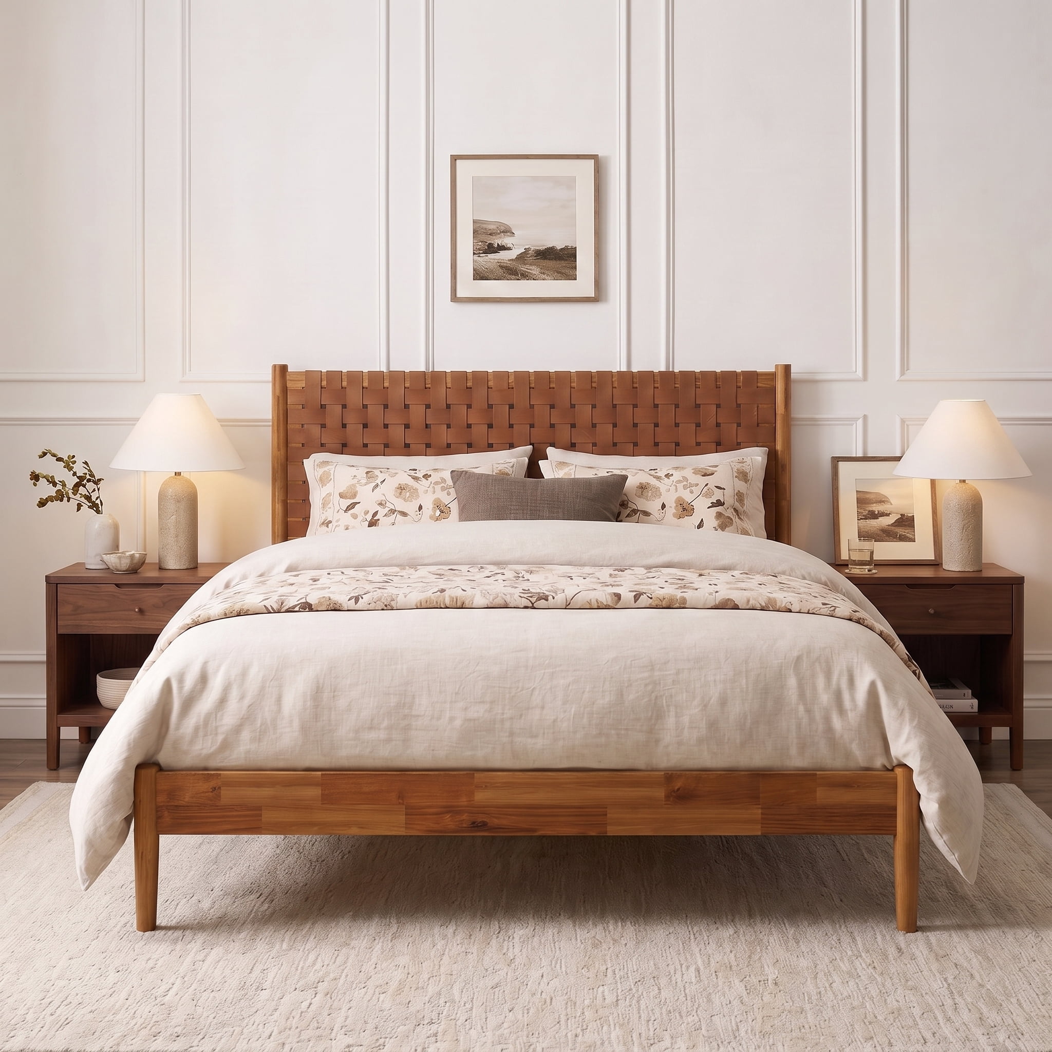 Euroco Solid Acacia Wood Queen Size Platform Bed, Mid-Century Modern Style Bed with Hand-Woven Vegan Leather Headboard, No Box Spring Needed, Caremel