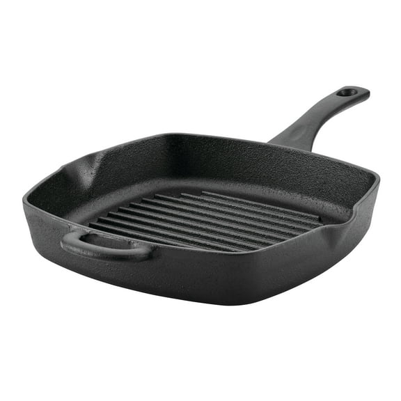 Ayesha Curry Preseasoned Cast Iron Induction Grill Pan with Helper Handle and Pour Spouts, 10 inch, Black