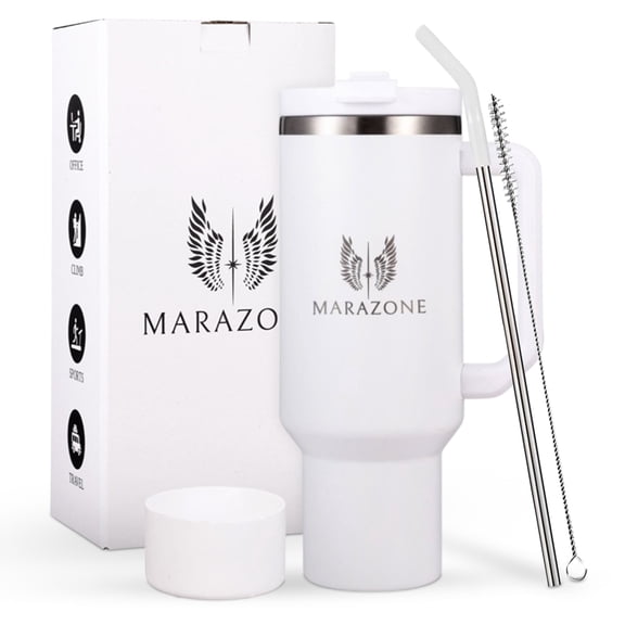 MARAZONE 40 oz Pure White Stainless Steel Insulated Travel Mug for Hot and Cold Drinks, Leak Proof Tumbler with Accessories
