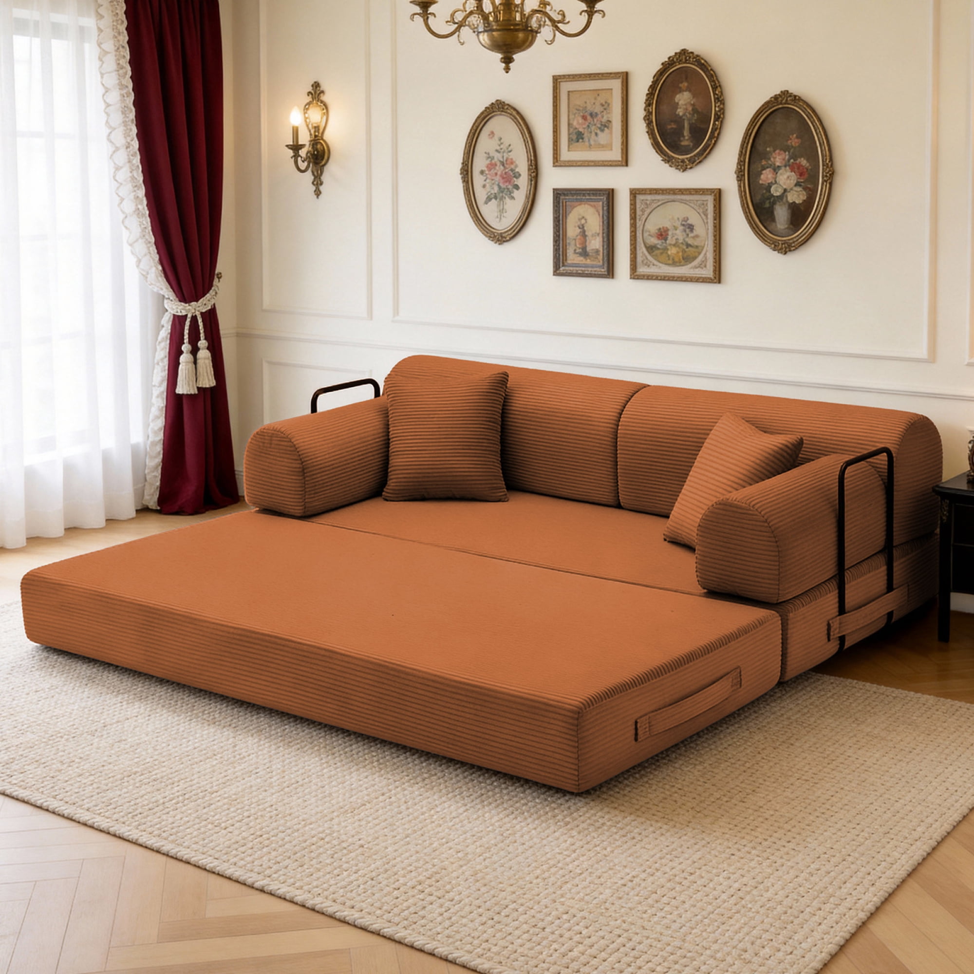Leumius Oversized Corduroy Futon Sofa Bed Couch,78" Convertible Folding Mattress Couch with Fixed-Shape Frame,Floor Sofa Lounge Couch for Small Spaces,Apartments,Living Rooms,Orange
