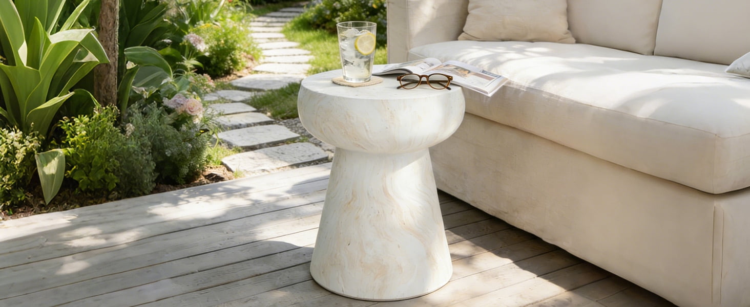 Mintazer 19.68" H Mushroom-Shaped Outdoor Side Table, Geometric Pedestal End Table with Travertine Texture, Modern Accent Table for Patio Living Room, Beige
