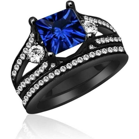 Divine Creation 925 Sterling Silver 2.30 Ct Princess Cut Blue Sapphire Engagement Wedding Thanksgiving Christmas Bridal Ring Set 14K Black Gold Plated For Women's -6