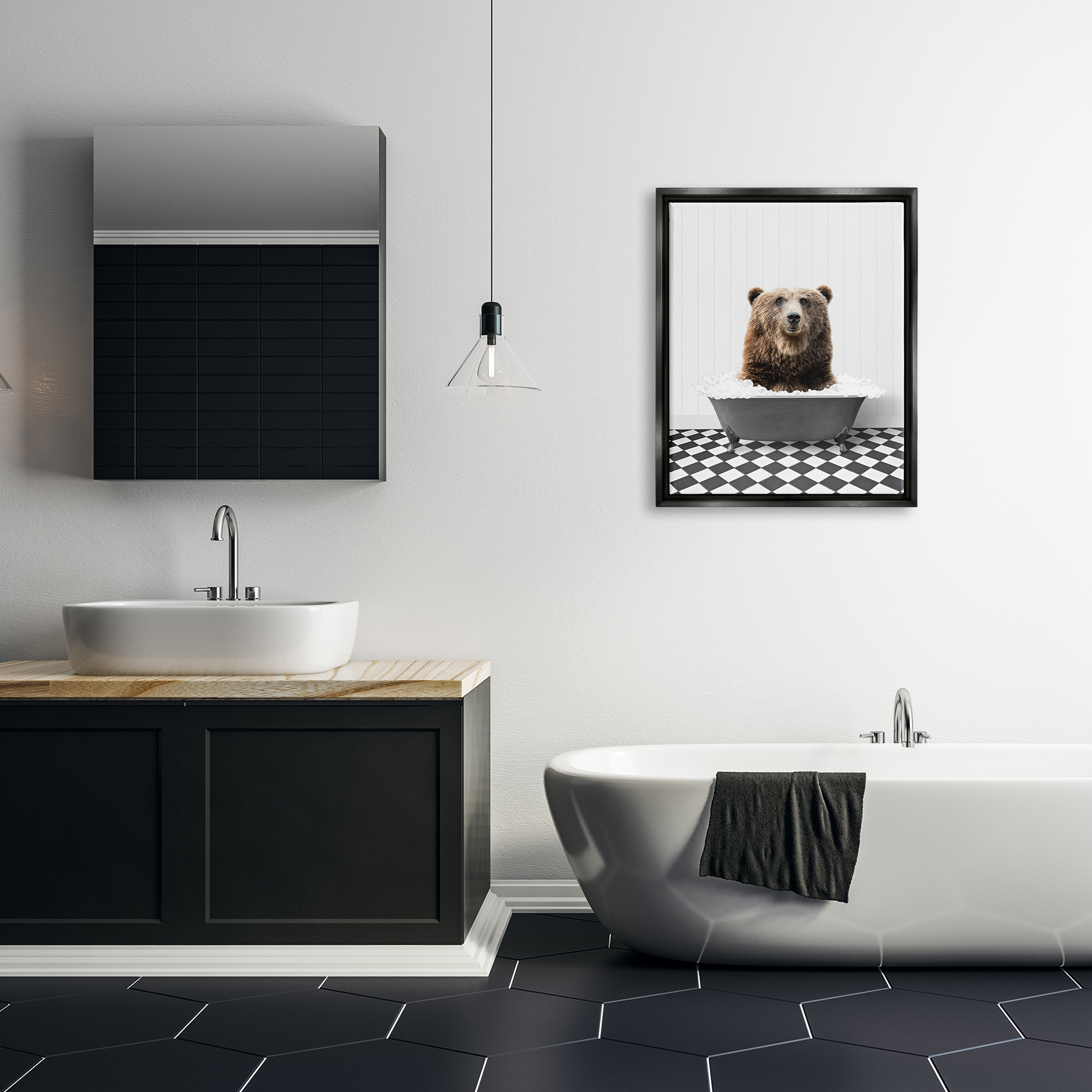 Stupell Industries Bear in Bathroom Tub Animals & Insects Painting Black Floater Framed Art Print Wall Art, 25 x 31
