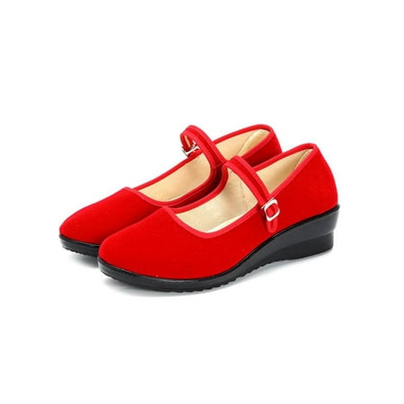 - Meigar Womens Ladies Mid Wedge Heel Mary Jane Hotel Work Strap Shoes Ballet Cotton Flat Dancing shoes