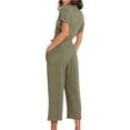 thumbnail image 5 of Seyurigaoka Women Summer V-neck Belted Jumpsuit, Solid Color Front Button Short Sleeve Siamese Trousers Wide Leg Ninth Pants with Pocket, 5 of 7