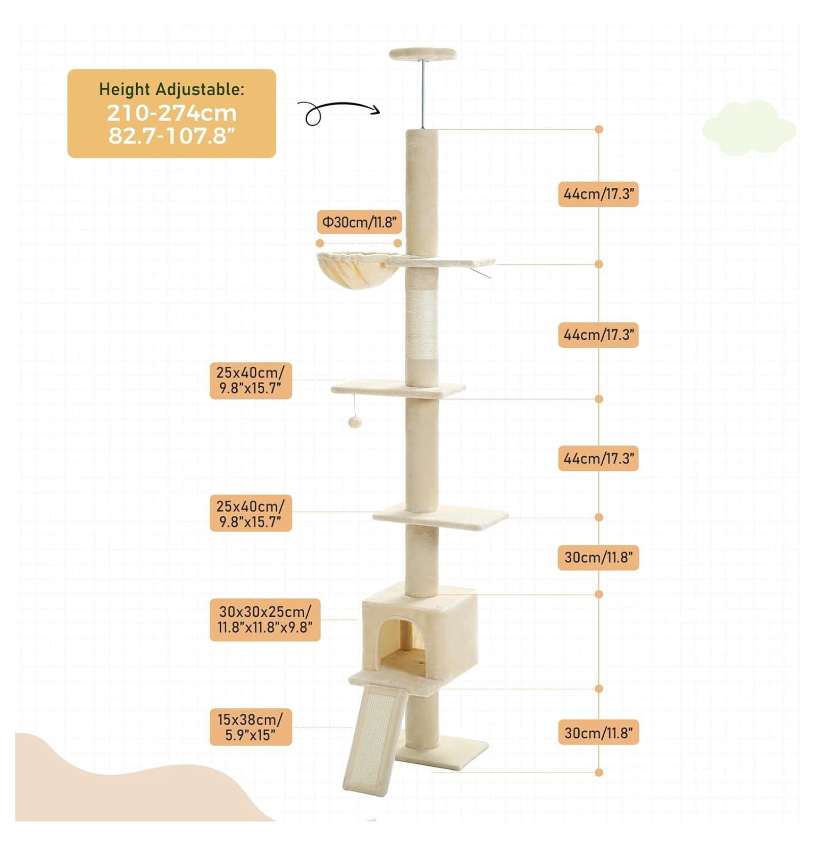 Floor to Ceiling Cat Tree, Tall Cat Tower Adjustable 83''-108'' 5 Level Indoor Cat Climbing Tree with Condo & Hammock, Scratching Post, Beige