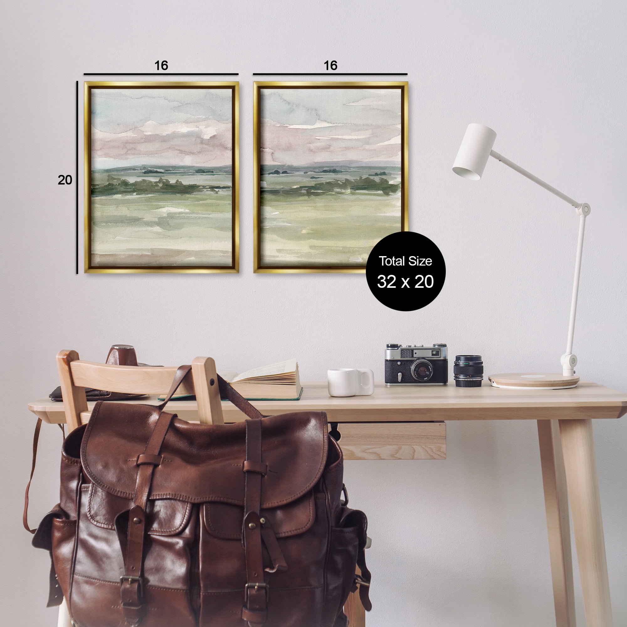 Stupell Industries Rural Landscape Watercolors Landscape Painting Gold Floater Framed Canvas Art Print Wall Art, 17 x 21, Set of 2