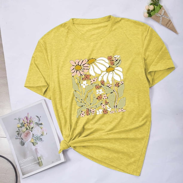 Fiudx Tops para Mujer Blusas con Estampado de Flores para Mujer Top de Manga Corta con Cuello Redondo