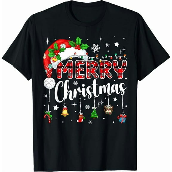 Merry Christmas Red Santa Hat Reindeer Xmas Matching Family T-Shirt Black S