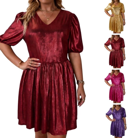 Mifsaly Sparkly Dresses for Women Puff Sleeve V-Neck Midi Dress Shiny High Waist Flowy Elegant Wedding Guest Cocktail Party Gowns XXXXL