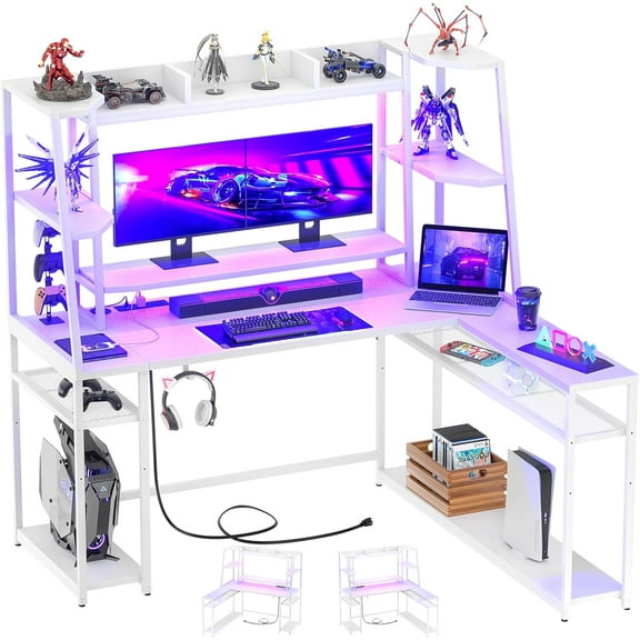 63" L Shaped Gaming Desk with Power Outlets and Hutch, Reversible L Shaped LED Computer Desk with Storage Shelves, Corner Gamer Desk with Monitor Stand and Storage Bag, White