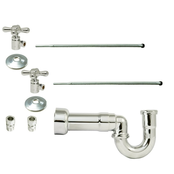 Westbrass LA-Style Pedestal Sink Supply Kit with P-Trap, Lines, Flanges and Cross Handle Angle Stops, Polished Nickel