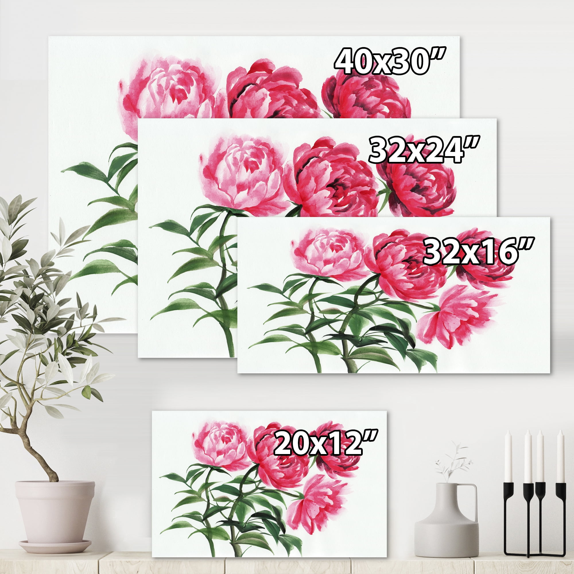 Designart ' Abstract Four Vintage Pink Peonies ' Traditional Canvas Wall Art Print