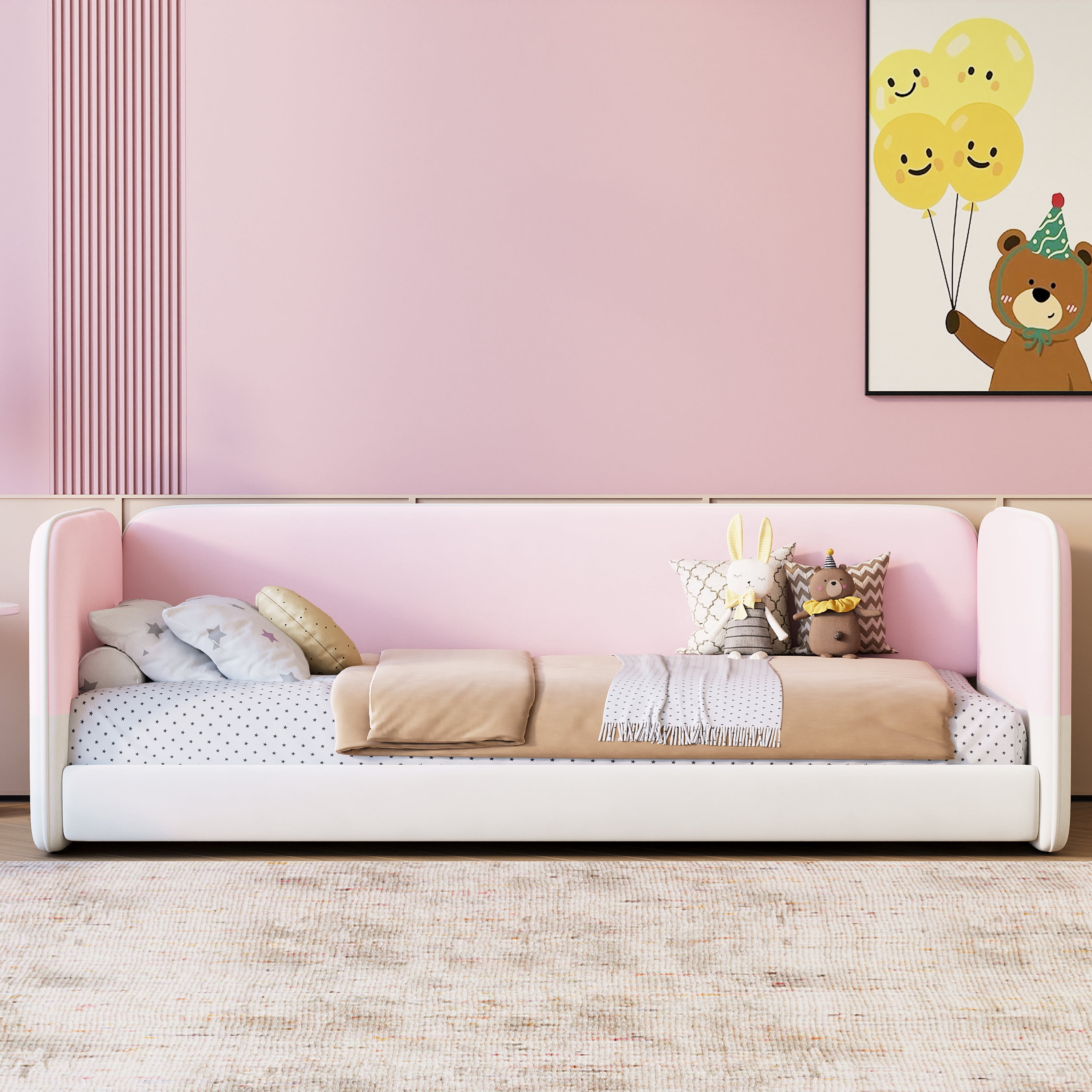 Mintazer Twin Size Beige Montessori Floor Bed with Velvet Upholstered Sides for Kids Toddler, Pink
