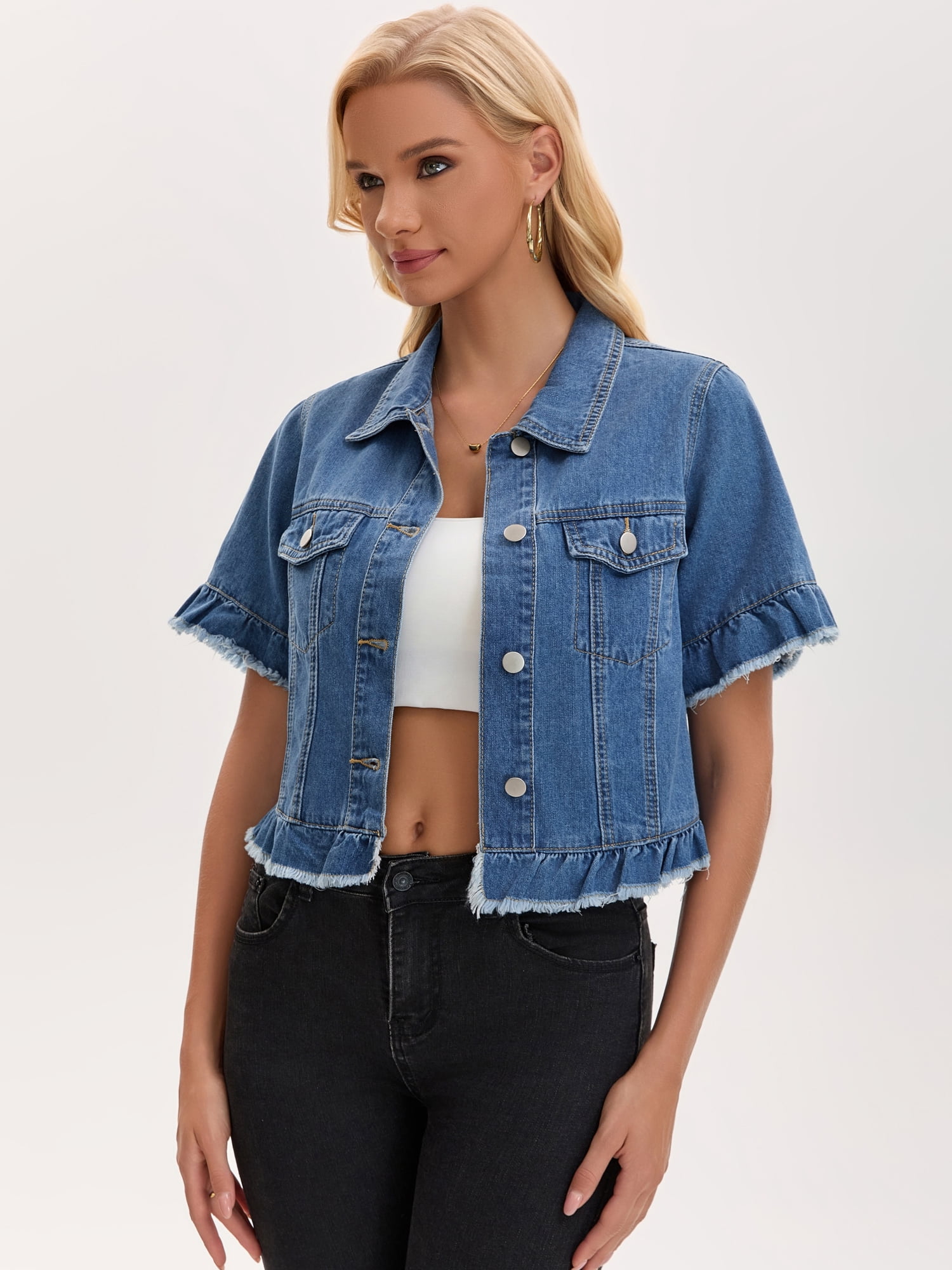 DARING DIVA Women's Short Sleeve Button Down Lightweight Ruffle Jean Jacket L Blue