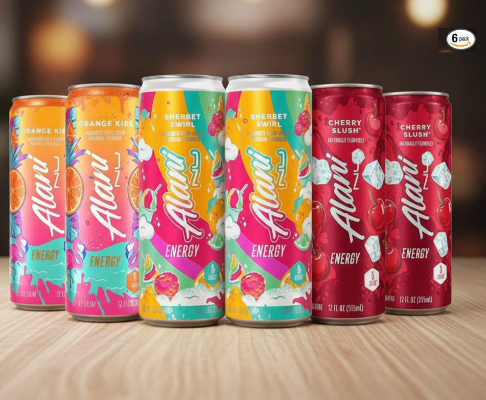 Alani Nu Energy Drinks Sherbet Swirl, Orange kiss, Cherry Slush Flavors Variety Pack Sugar-Free, Low-Calorie, 200mg Caffeine, Energy Boost Drink 12 fl oz (Pack of 6) by 4KIDSANDALL