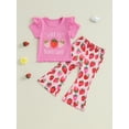 thumbnail image 4 of Baby Toddler Kids Girl Summer Outfits 6 12 18 24 Months 2T 3T 4T Strawberry Print Flying Sleeve T-Shirt and Elastic Flare Pants Cute 2 Piece Clothes Set, 4 of 9