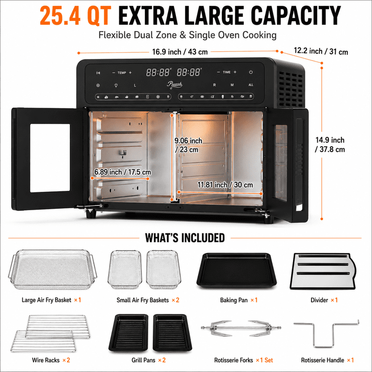 PwZzk 25.4QT Dual Zone Air Fryer Toaster Oven Combo, French Glass