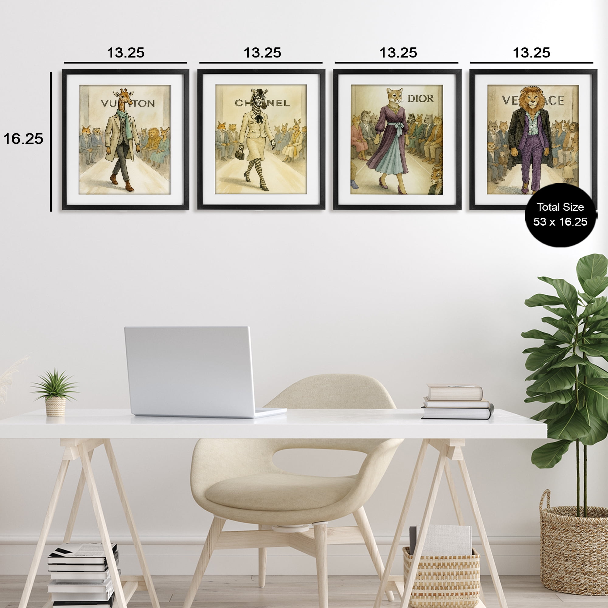 Stupell Industries Fashion Runway Animals 4 Piece Black Framed Print Under Glass Set, design by Grotto Studios