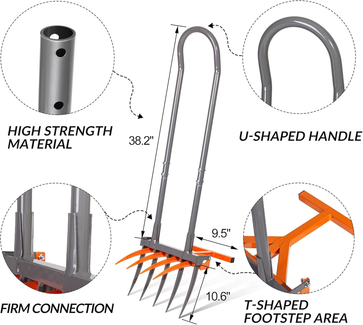 Walensee Broad Fork Tool, Cultivator Tiller Manual Hand Tiller with 9 Tines for Digging and Crushing Soil, 2-in-1 Garden Pitchfork with Sturable U-Shaped Handle for Composting, Spading and Farming