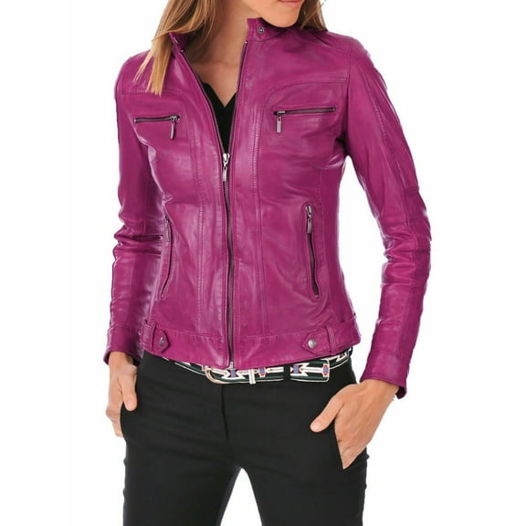 Women's Hot Pink Leather Jacket Pure Lambskin Biker Motorcycle Jacket