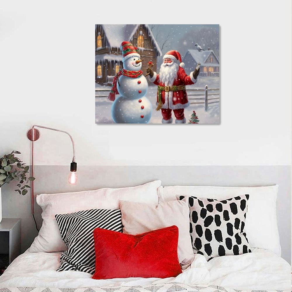 JRXY  Xmas Canvas Paintings for Home Decorations Joyful Santa with Snowman in in Winter Snow Abstract Wall Art for Dining Living Room Kitchen Decor - pattern3