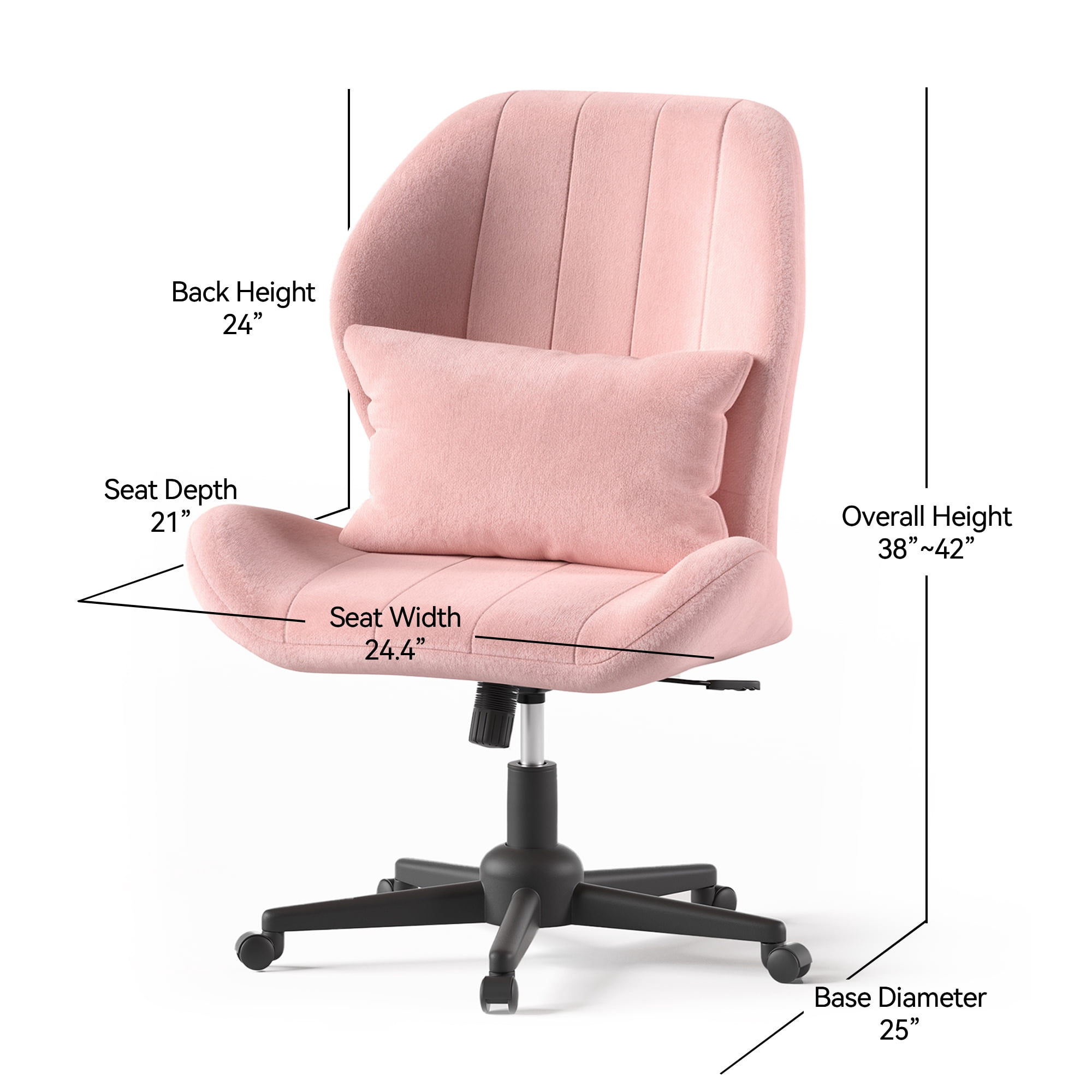 YIKEMA High Back Armless Rolling Office Chair, Wide Ergonomic Seat, Pink