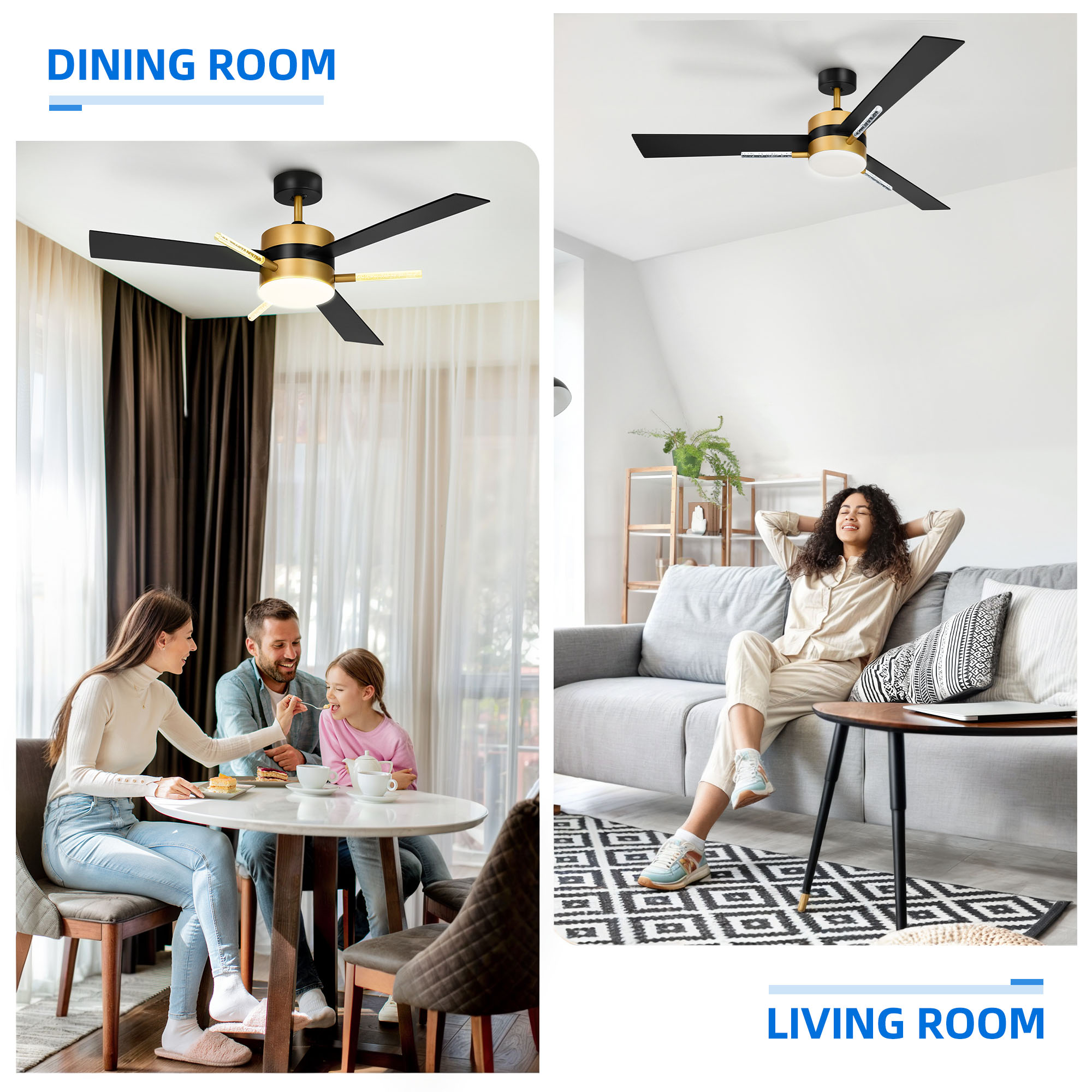 Dextrus 60in Black Ceiling Fan with Light and Remote Control, 3 Blades Modern Chandelier Ceiling Fan