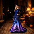 thumbnail image 6 of Women Halloween Witch Maxi Dress, Long Sleeve V Neck Lace Cuff A Line Floor Length Dress, Gothic Haunted House Printed Evening Party Dress, 6 of 6
